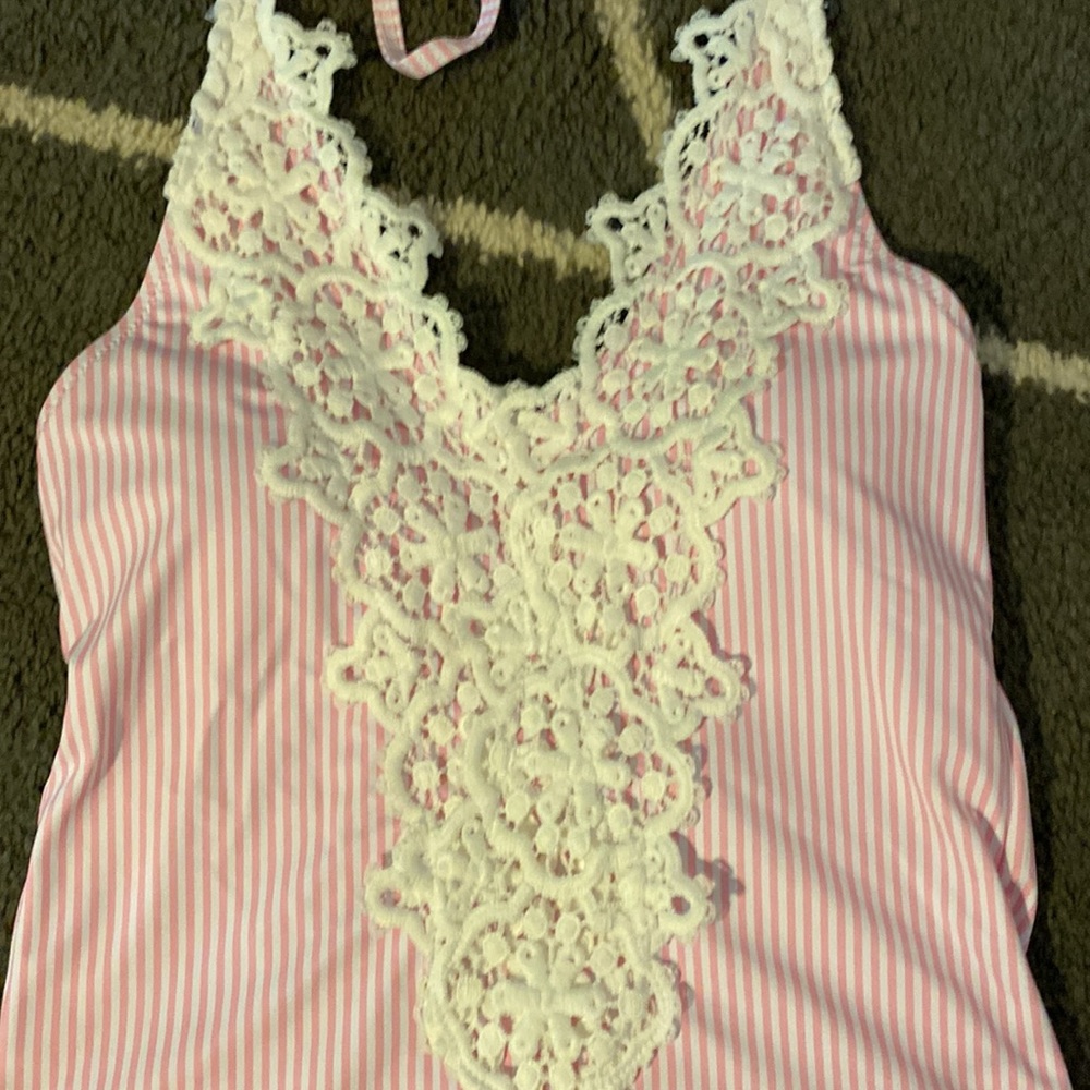 NWOT Blooming Jelly one-piece pink and white striped suit with lace and eyelet - Picture 2 of 7